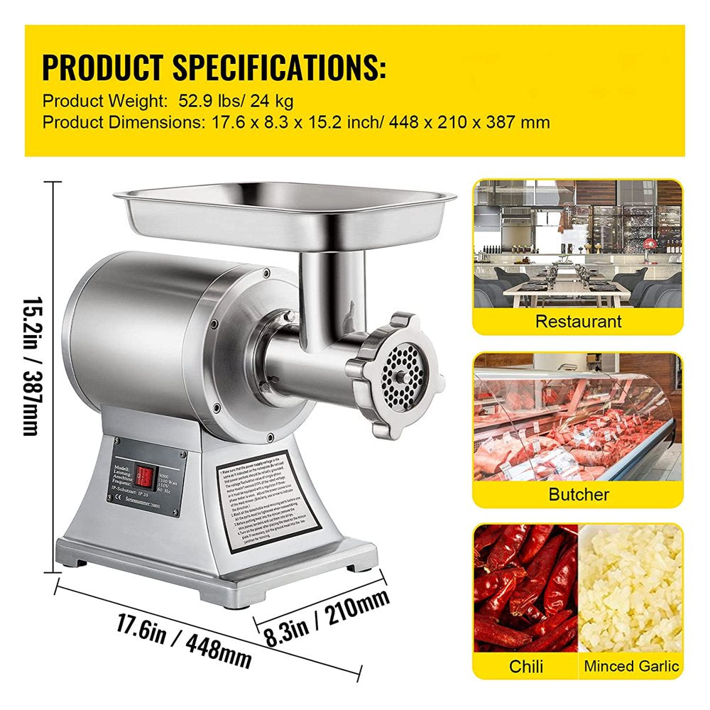 brand Commercial Electric Meat Grinder, 550Lbs & 1100W Commercial Sausage Stuffer Maker, 220 RPM 1.5HP Stainless Steel Food Grinders for Industrial and Home Use