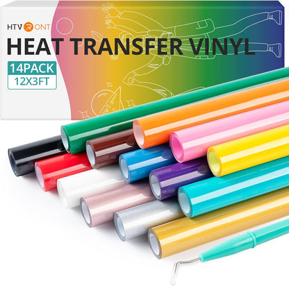 HTV Heat Transfer Vinyl Bundle (14 Pack) - 12" X 3FT HTV Vinyl Rolls, Easy to Cut Iron on Vinyl for T-Shirts, Easy to Weed Heat Transfer Vinyl