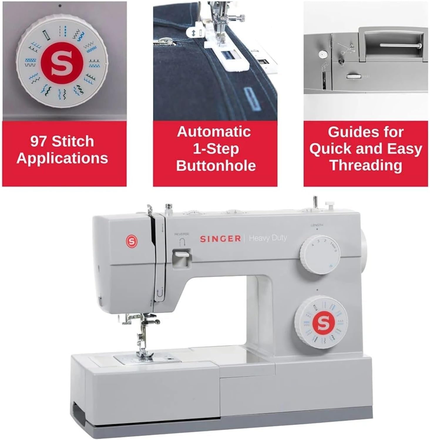 SINGER Heavy Duty 4423 Sewing Machine, Grey | Strong Motor, Full Metal Frame, 97 Stitch Applications, 1-Step Buttonhole, LED Light & Accessory Kit