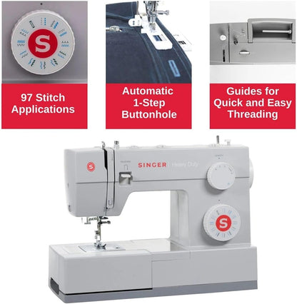 SINGER Heavy Duty 4423 Sewing Machine, Grey | Strong Motor, Full Metal Frame, 97 Stitch Applications, 1-Step Buttonhole, LED Light & Accessory Kit