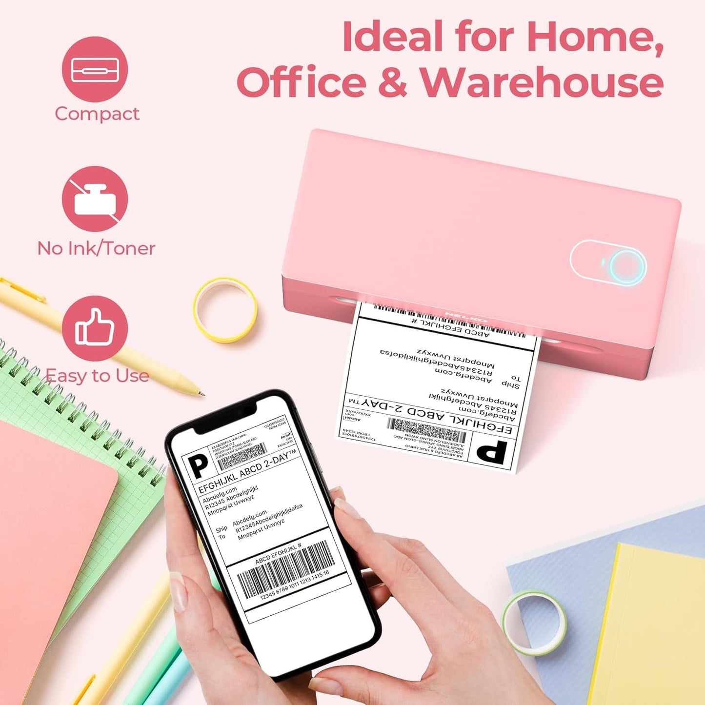 Nelko Bluetooth Thermal Shipping Label Printer, Wireless 4X6 Shipping Label Printer for Small Business, Support Android, Iphone and Windows, Widely Used for Amazon, Ebay, Shopify, Usps(Pink)