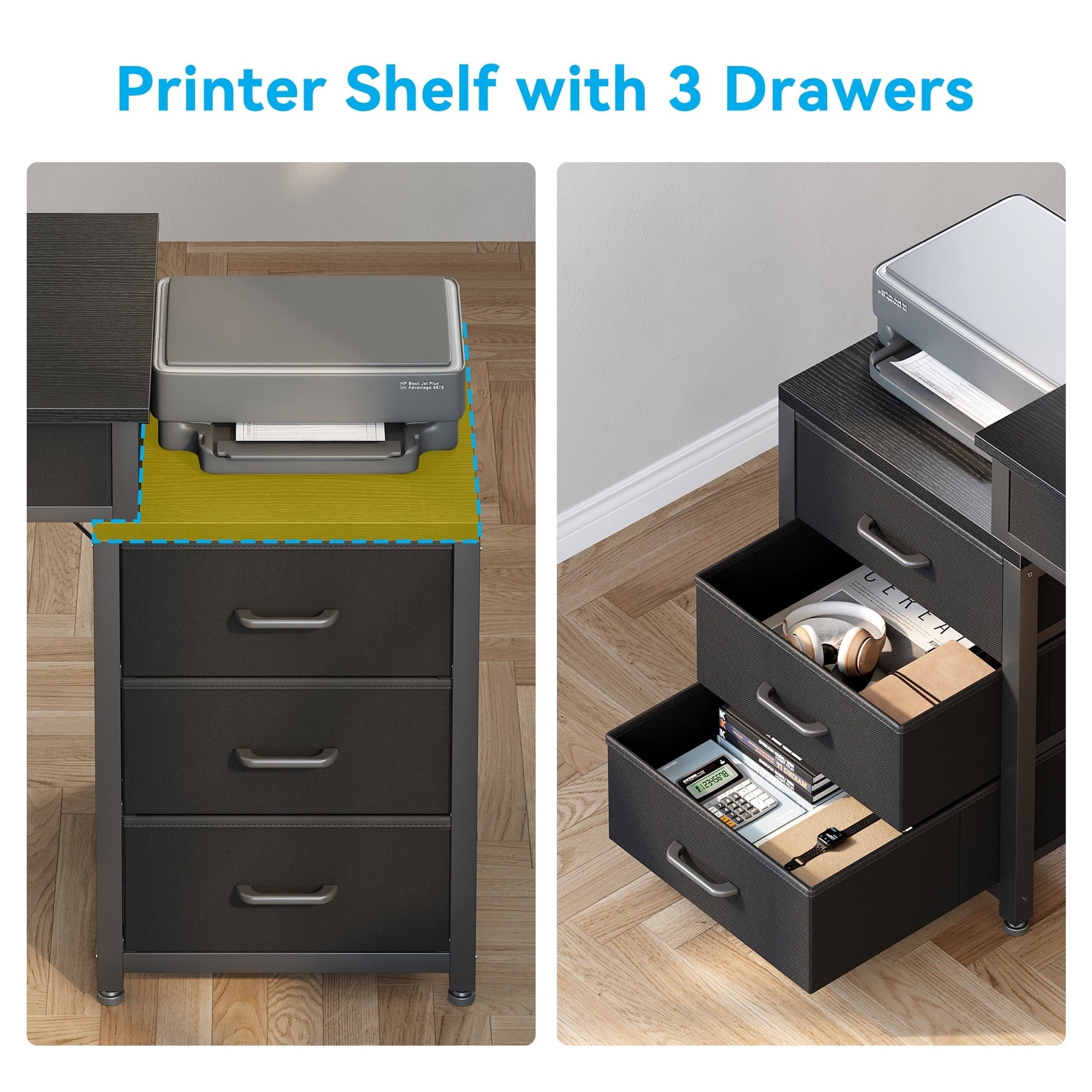 Computer Desk with 5 Drawers, Reversible Home Office Desks with Printer Stand, Study Writing Table Workstation for Small Spaces, Black