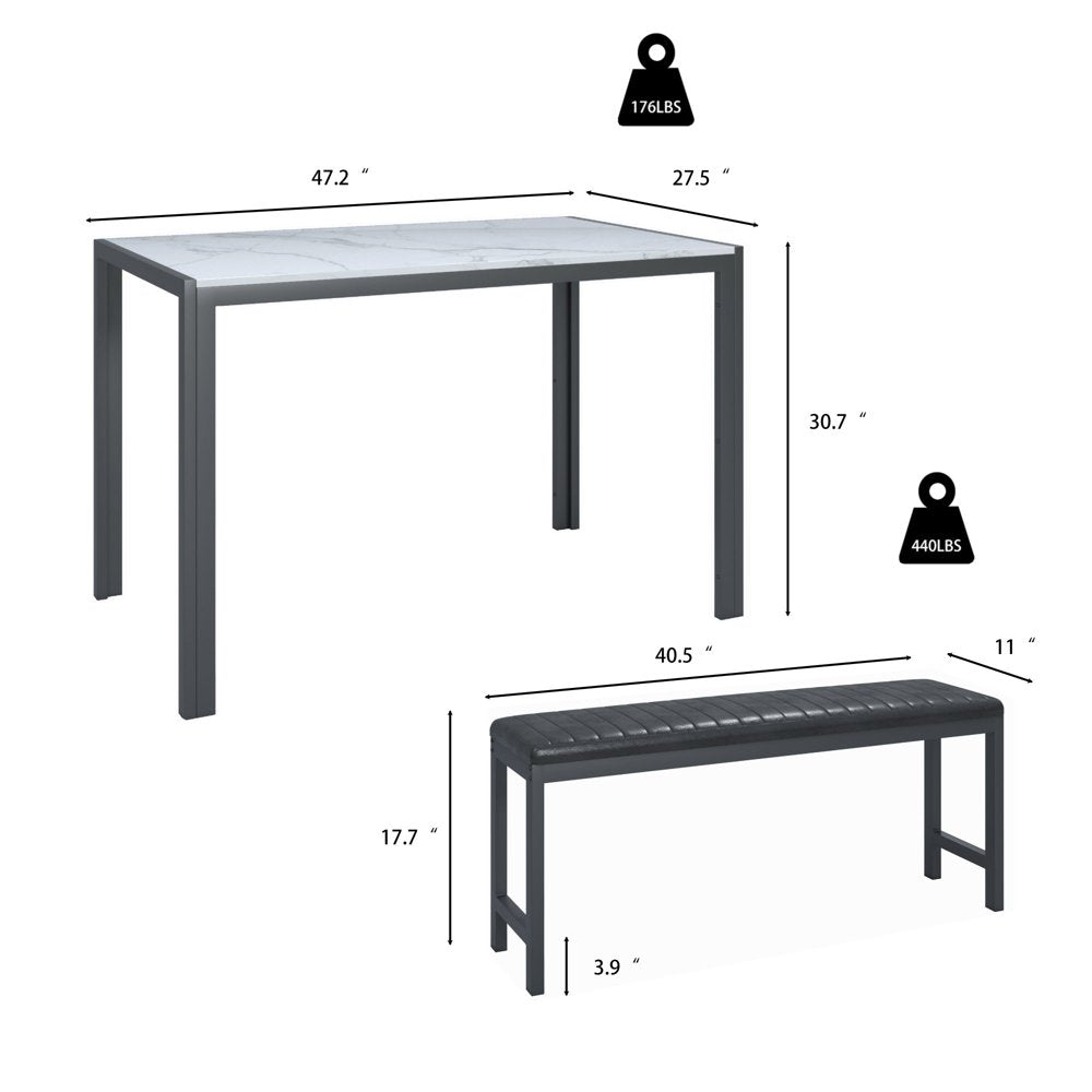 Dining Room Table Set, 3-Piece Marble Top Breakfast Nook Dining Table Set with 2 Upholstered Benches, Kitchen Table Set with Metal Frame, Modern Furniture for Home Cafeteria, White