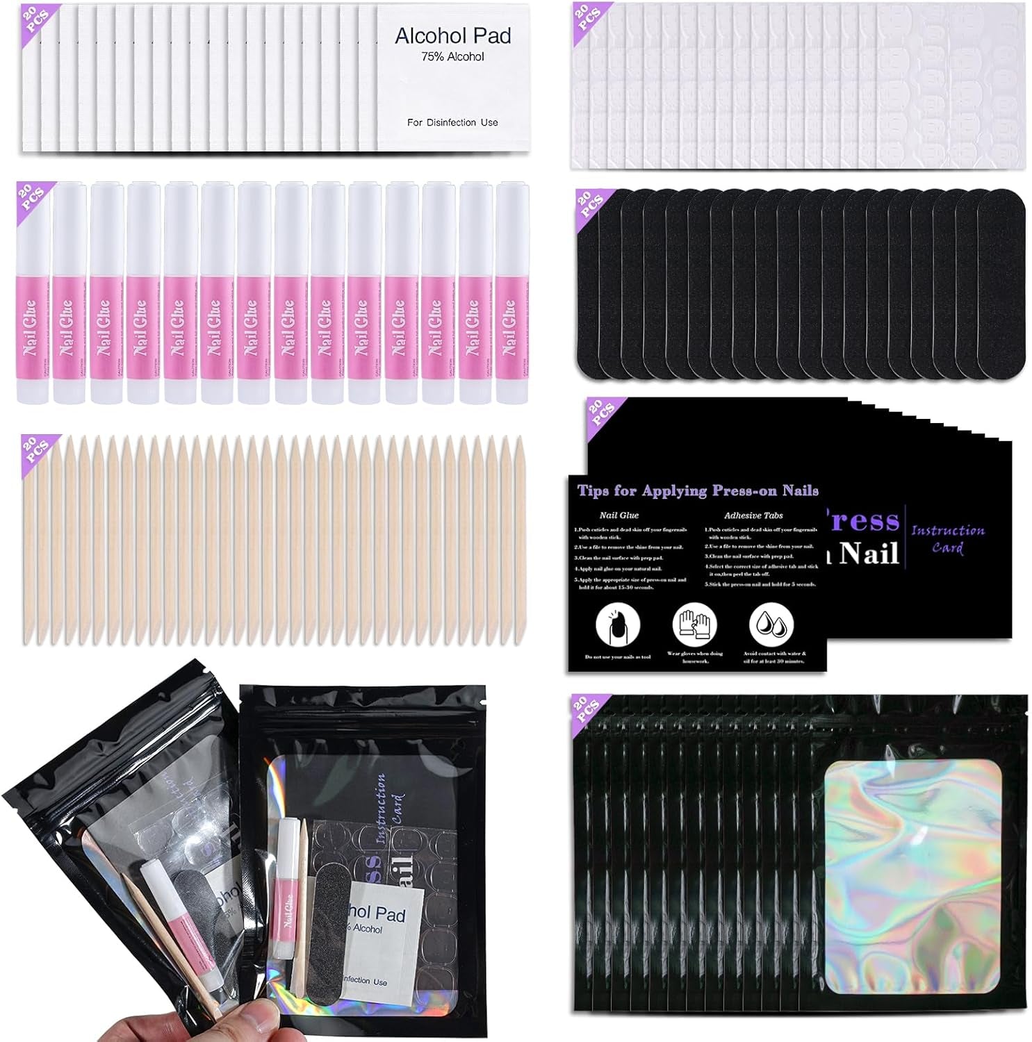 Disposable Nail Supplies Kits,Professional Manicure Press on Nail Tool Kit with Nail File,Adhesive Tabs,Nail Glue,Sticks, Prep Pads,Bags,Cards for Nail Business(Black-140Pcs20Set)