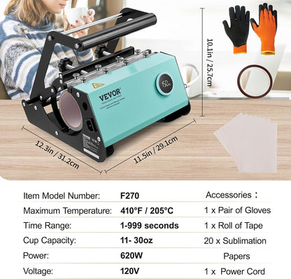 VEVOR Tumbler Heat Press Machine, Tumbler Press for 30OZ 20OZ Sublimation Straight Skinny Tumblers, with Knob Control Temp&Timer Setting for 11-16Oz Mugs, Mug Press with Paper Heat Tape Gloves-Green
