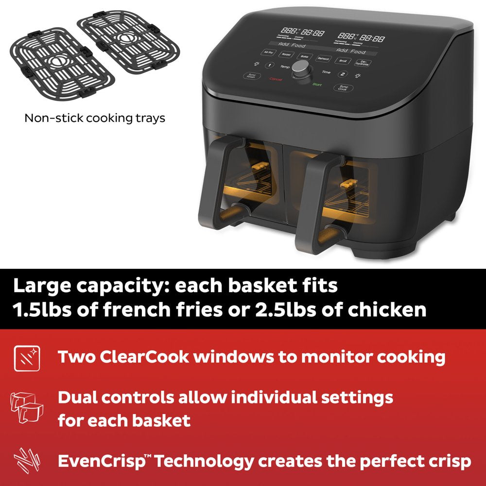 Instant Vortex plus 8 Qt 2-Basket Air Fryer Oven, Black - Clearcook Windows, Digital Touchscreen