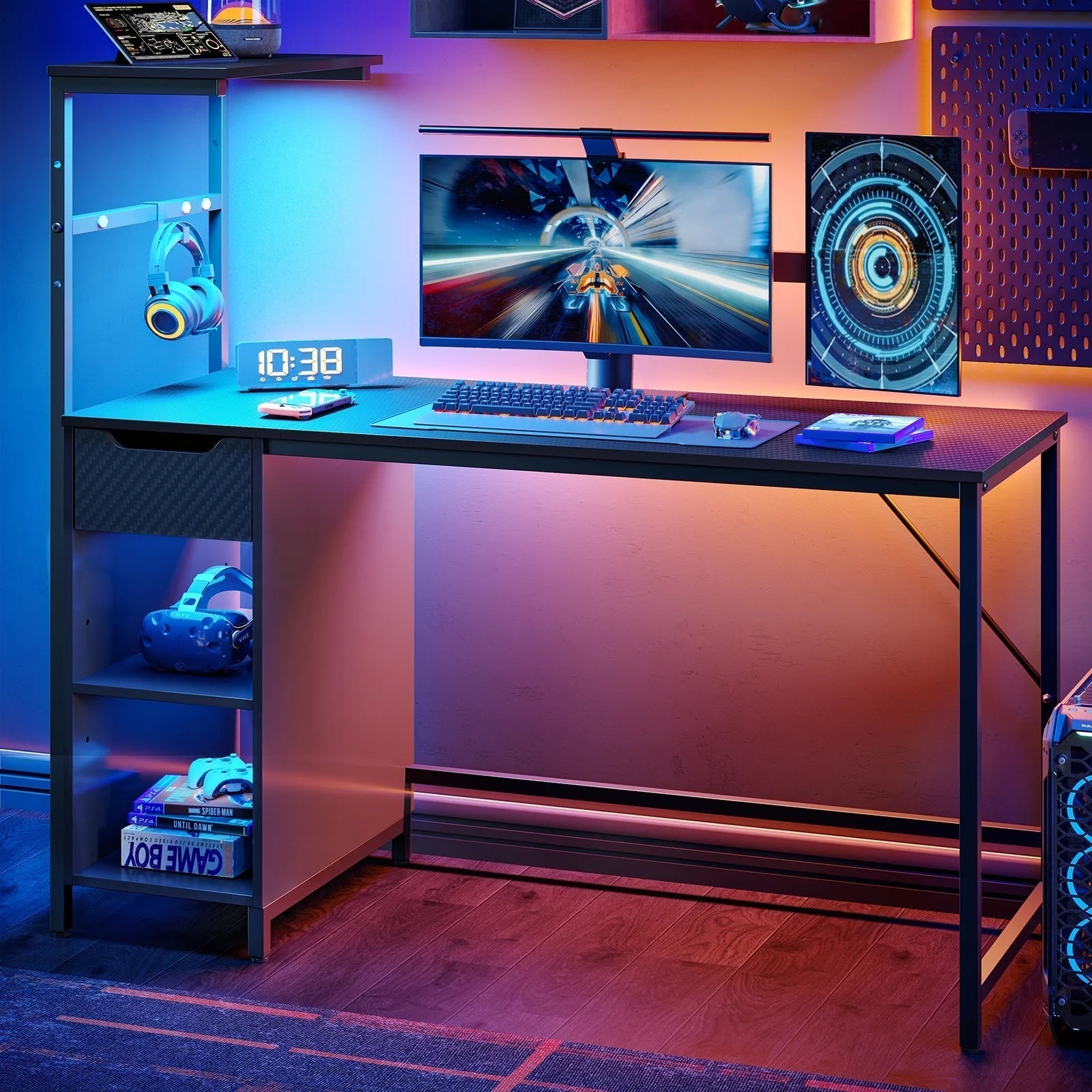 48-Inch LED Gaming Desk with Adjustable Shelf and Storage Drawer, Black