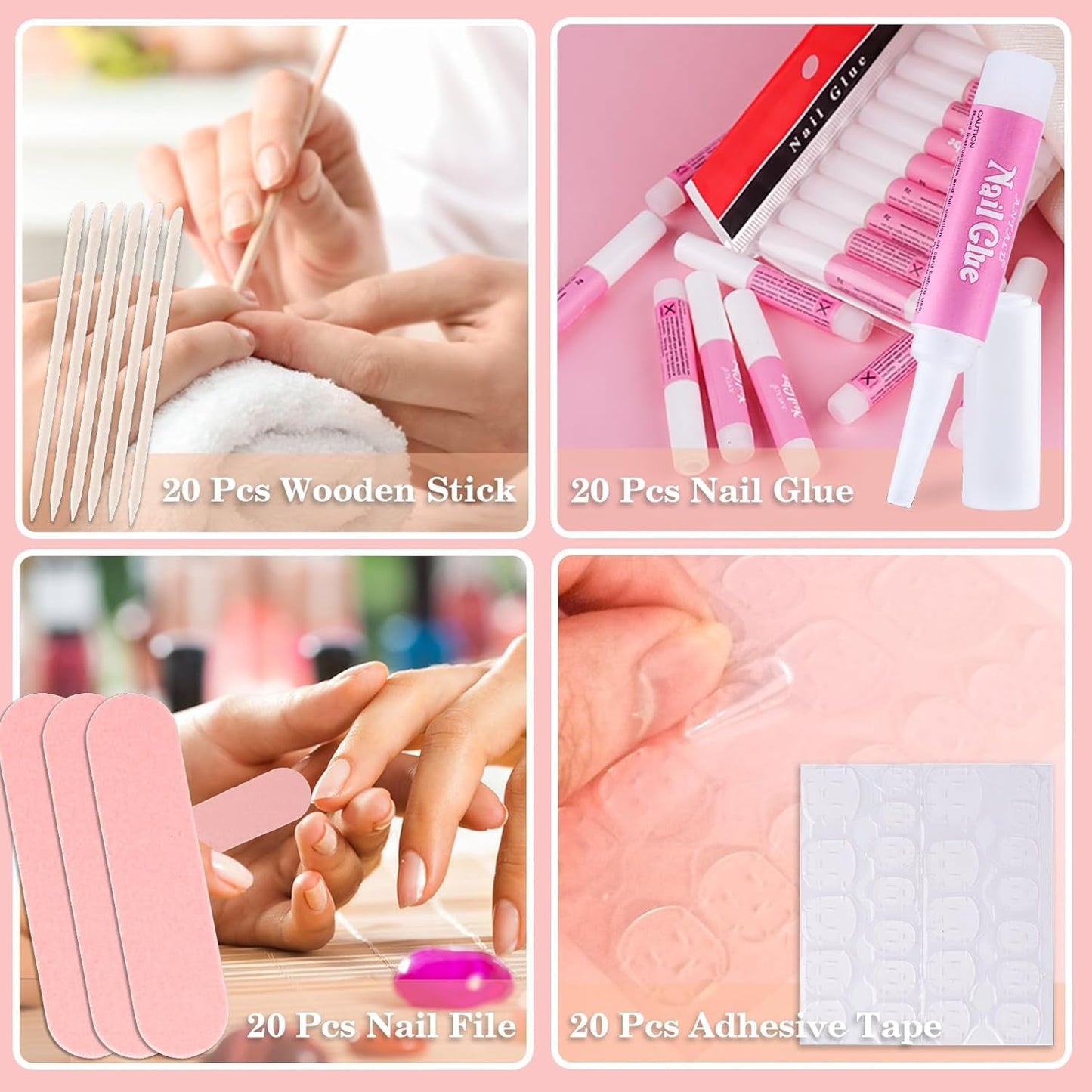 Press on Nail Tool Kit for Nail Business, Nail Prep Application Disposable Kit with Nail File, Nail Glue, Prep Pads, Instruction Card, Adhesive Nail Tabs, Wood Stick, Holographic Bag (20Pcs in Pink)