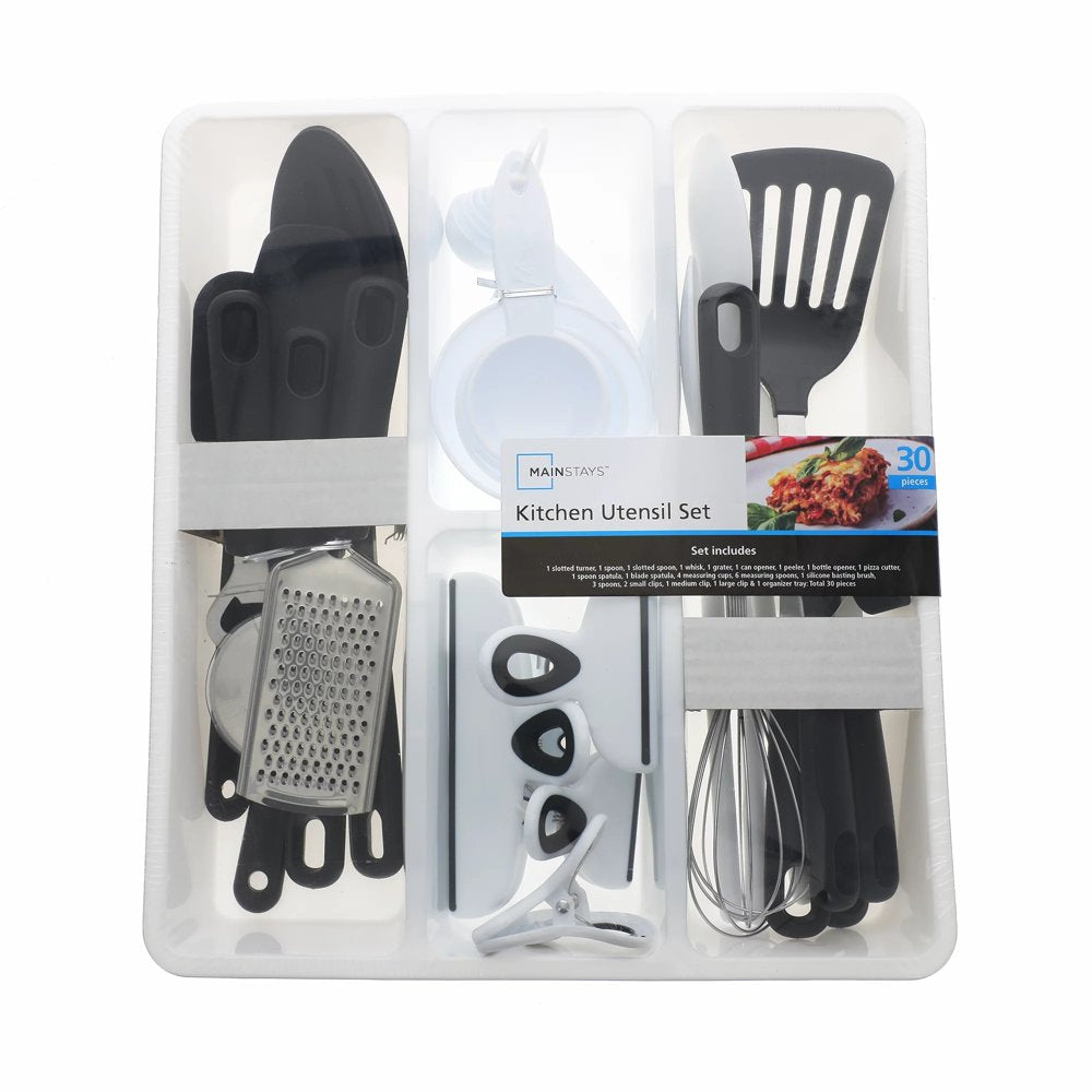 30-Piece Kitchen Gadget Set with Cooking Utensils, Measuring Cups, Clips, and Drawer Organizer, Black/White