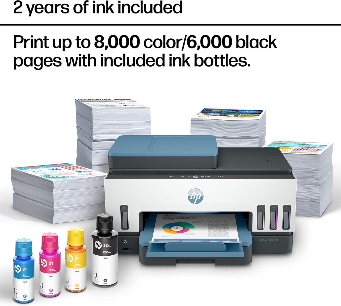 HP Smart Tank 7602 Wireless All-In-One Ink Tank Printer, Scanner, Copier with 2 Years of Ink Included, Best-For-Home Office, Cartridge-Free Refillable, Ai-Enabled (28B98A)