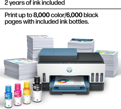 HP Smart Tank 7602 Wireless All-In-One Ink Tank Printer, Scanner, Copier with 2 Years of Ink Included, Best-For-Home Office, Cartridge-Free Refillable, Ai-Enabled (28B98A)