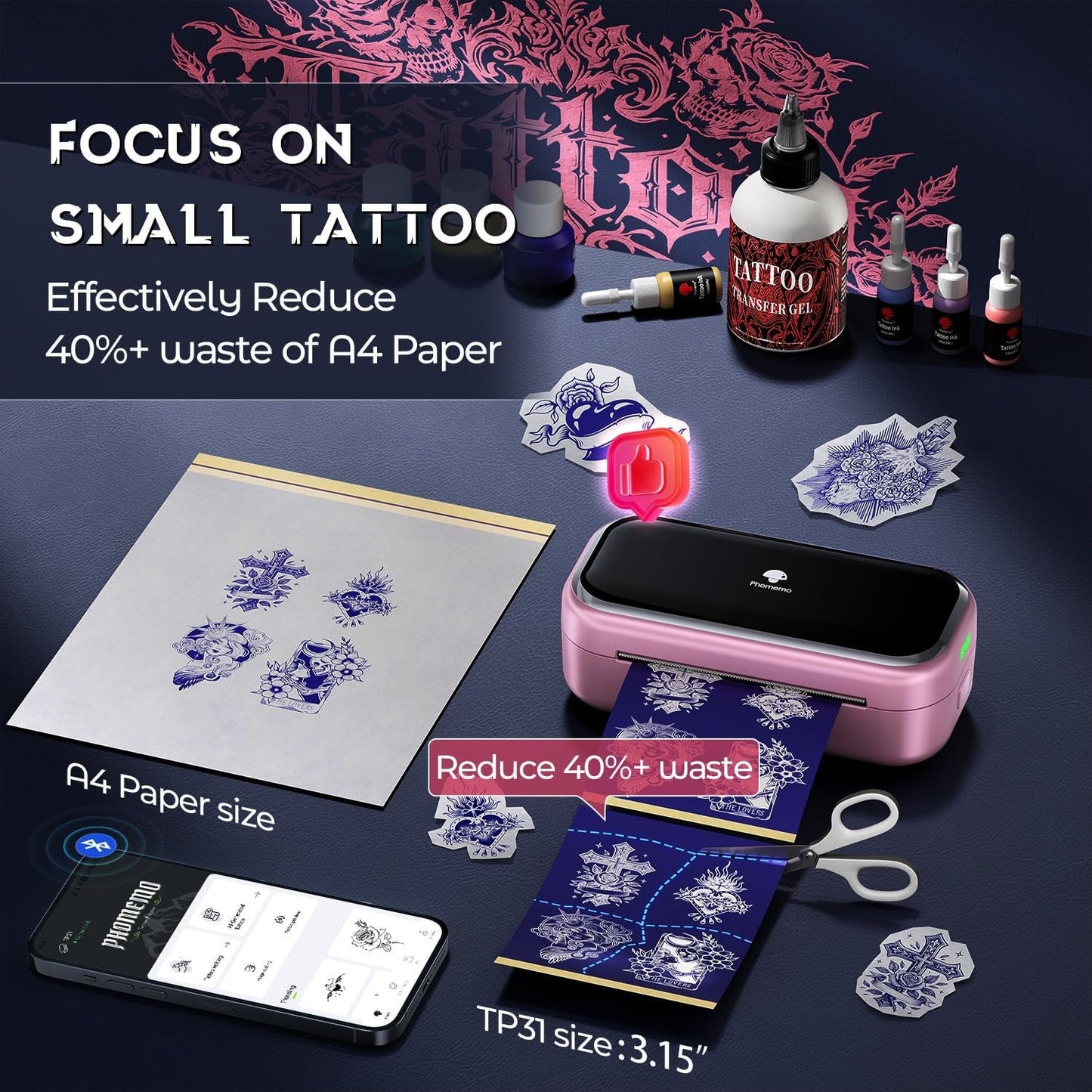 Phomemo Tattoo Maker -Mini Tattoo Stencil Printer Machine TP31 with 30Pcs Transfer Paper,Small Portable Tattoo Machine for Beginners/Enthusiast/Artists,Easy to Use with Smartphone,Pad- Pink