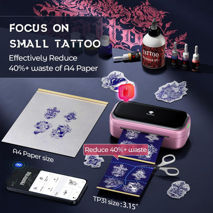 Phomemo Tattoo Maker -Mini Tattoo Stencil Printer Machine TP31 with 30Pcs Transfer Paper,Small Portable Tattoo Machine for Beginners/Enthusiast/Artists,Easy to Use with Smartphone,Pad- Pink