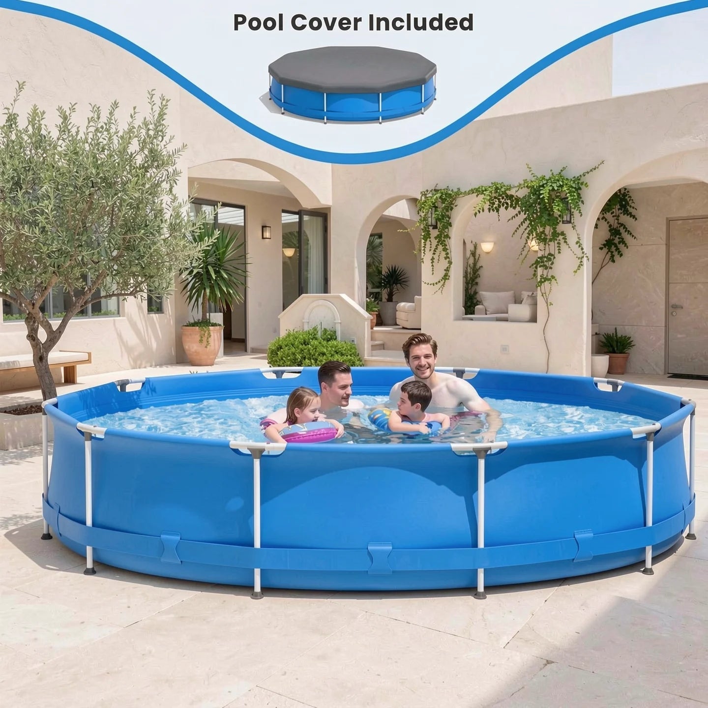 12Ft X 30In round above Ground Swimming Pool with Iron Frame & Pool Cover, 3-Layer PVC Mesh, Blue