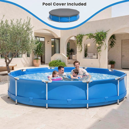 12Ft X 30In round above Ground Swimming Pool with Iron Frame & Pool Cover, 3-Layer PVC Mesh, Blue