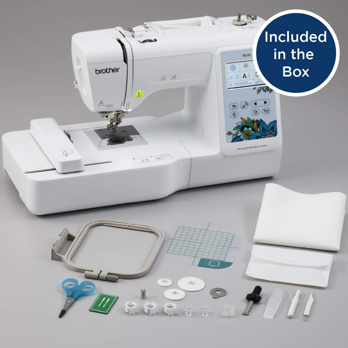 Brother PE535 Embroidery Machine, 80 Built-In Designs, 4" X 4" Hoop Area, Large 3.2" LCD Touchscreen, USB Port, 9 Font Styles
