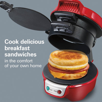 Breakfast Sandwich Maker with Egg Cooker Ring, Customize Ingredients, Red, 25476