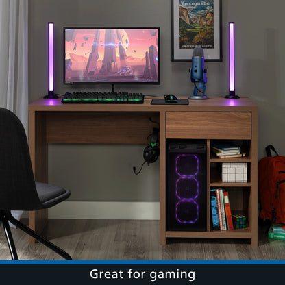 Westley Adjustable Shelf Desk with Gaming Headphone Hook and Cable Management, Warm Walnut Finish