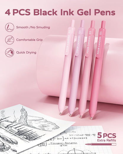 Four Candies Pink School Supplies with Case, Gel Pens with Black Ink, Correction Tapes, Pastel Highlighters, Mechanical Pencils, Sticky Notes, Index Post for Bible Study Stationary College Essentials