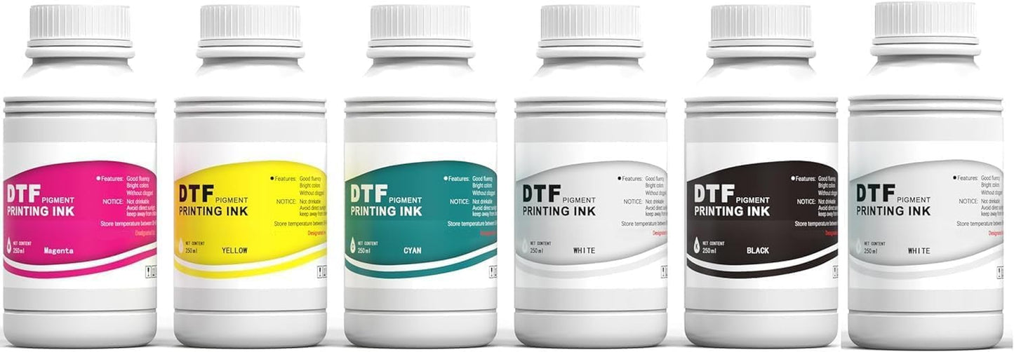 Procoloredfun DTF Ink 1500 Ml and Powder Set 6 X 250Ml Ink Cmykw+Protection Fluid 500 G DTF Powder for A3 A4 L1800 L805 DTF Printer Machine Direct to Transfer Supply Kits