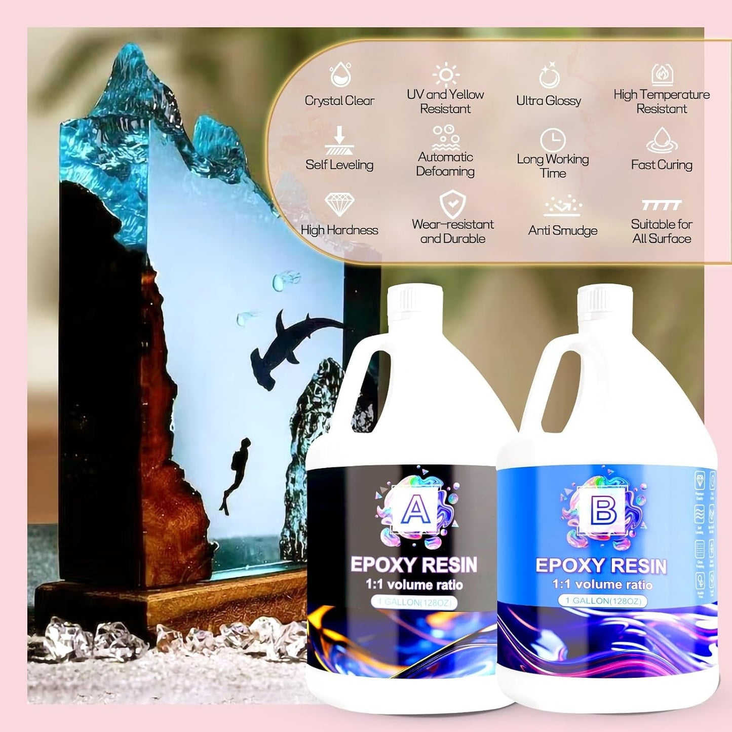 Epoxy Resin 2 Gallon Kit, Clear Resin Epoxy, Resin Kit - High-Gloss,No Bubbles, Not Yellowing, Self-Leveling Art Resin Casting Resin for DIY Art,Crafts,Jewelry,Table Top,Wood & Resin Molds