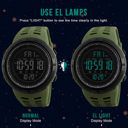 Men'S Watch Waterproof Digital Sport Watch Military Digital Watches for Men Alarm Back Light Classic Large Face Watch Army Green