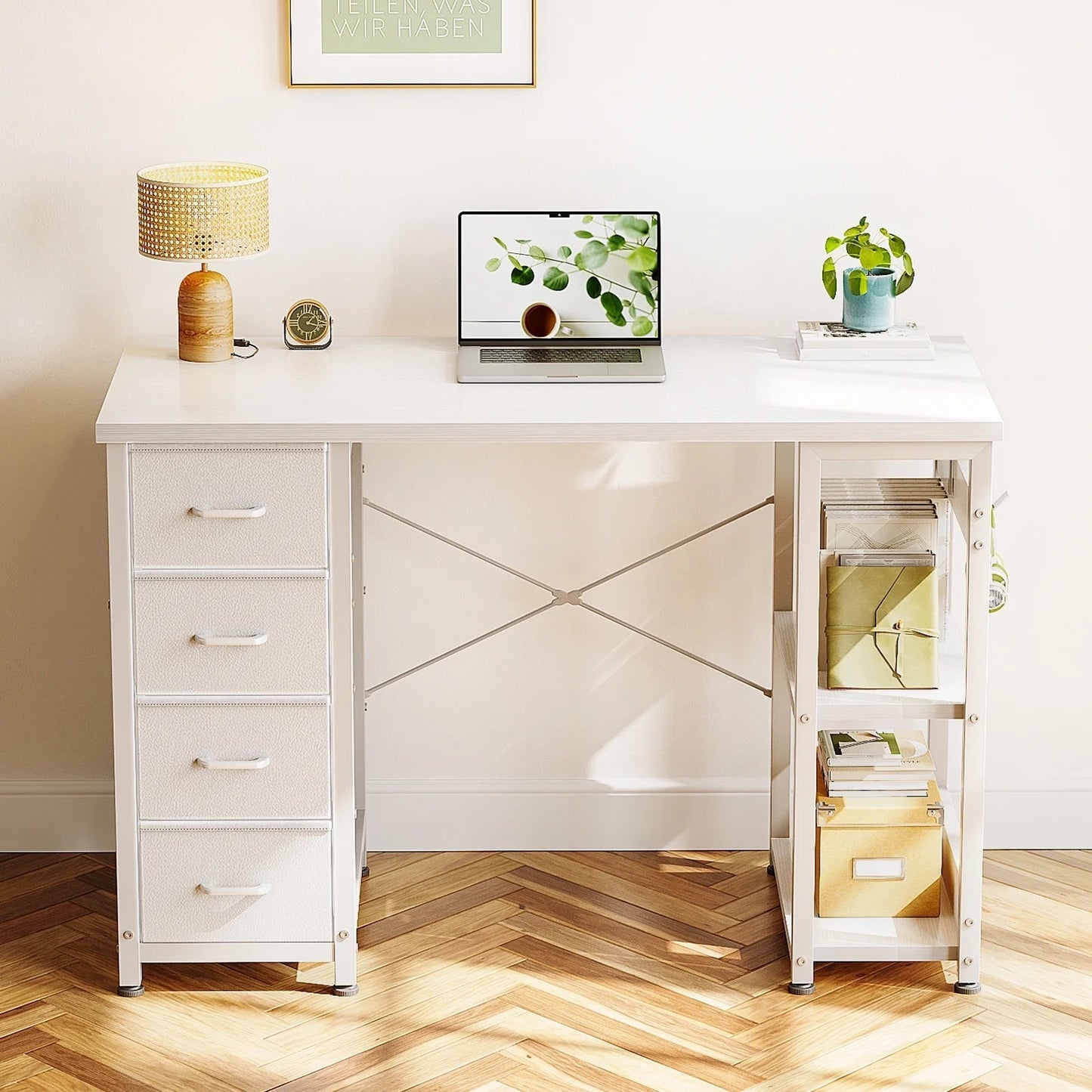 Computer Desk with Drawers & Storage Shelves, 40 Inch Corner Desk for Home Office Bedroom, Small Teen PC Desks with Fabric Drawer, White