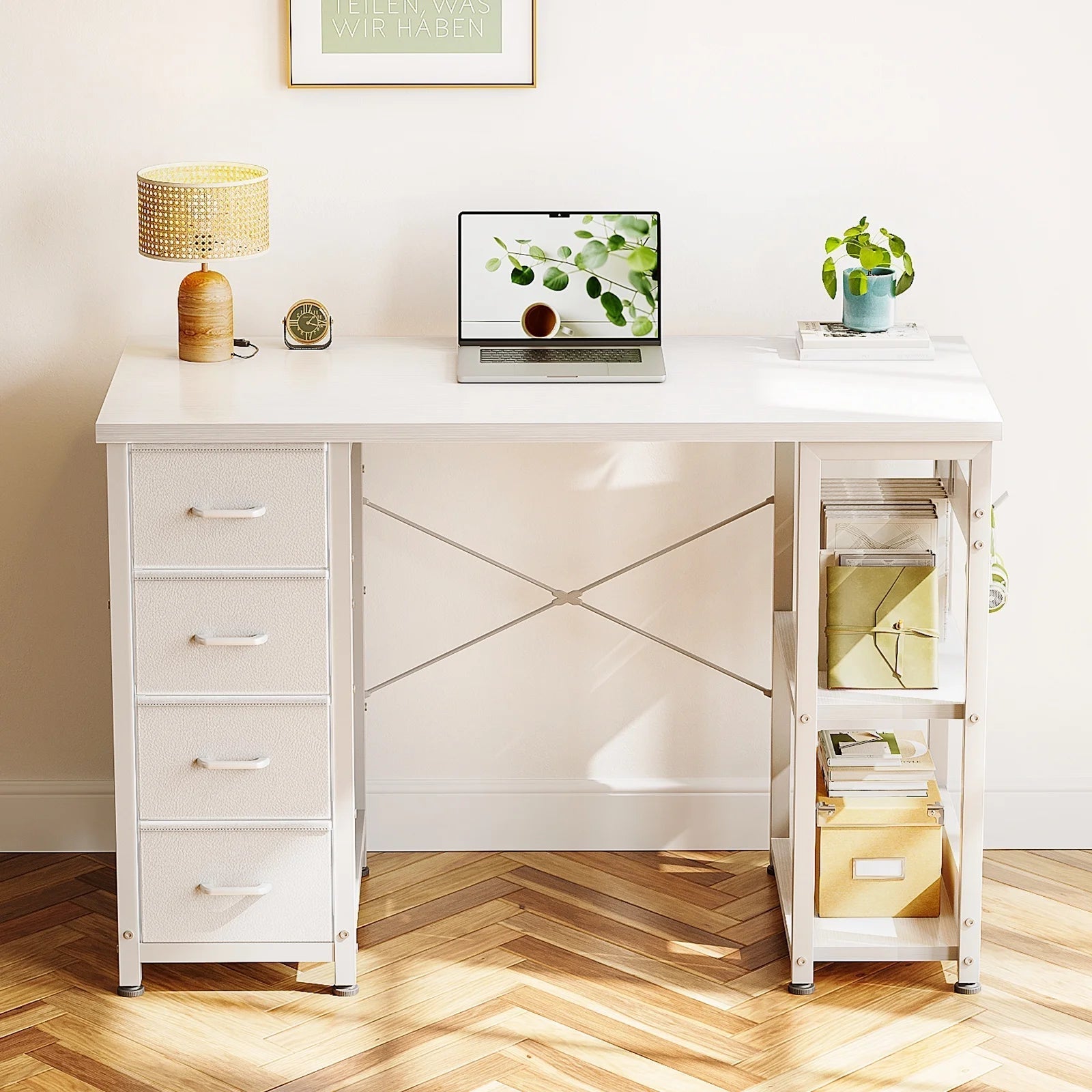 Computer Desk with Drawers & Storage Shelves, 40 Inch Corner Desk for Home Office Bedroom, Small Teen PC Desks with Fabric Drawer, White