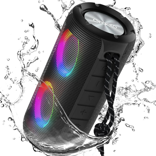 Oraolo Luster Bluetooth Speaker , Portable Speaker with Colorful Lights, Stereo Sound, Bluetooth 5.3, 24H Playtime, IPX6 Waterproof, Aux-In, Speaker for Outdoor Camping