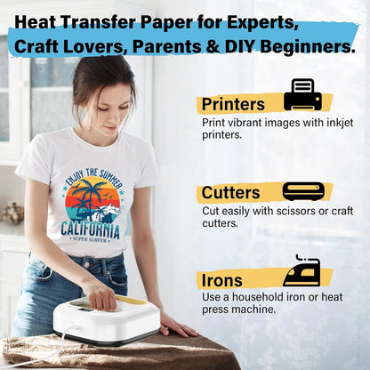 Printable Heat Transfer Paper for T-Shirts 30 Sheets, 8.3" X 11.7" Printable Heat Transfer Vinyl for Inkjet Printer, Iron on Transfer Paper for Light and Dark Fabric (Matte)