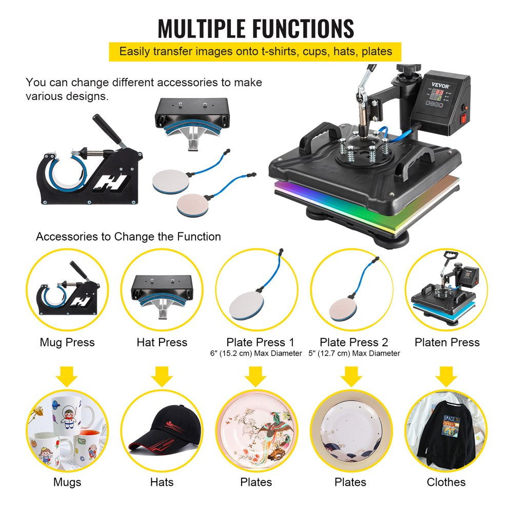 5 in 1 Heat Press Heat Press Machine Digital Multifunctional Sublimation T-Shirt Heat Press Machine for T Shirts Hat Mug Cap Plate