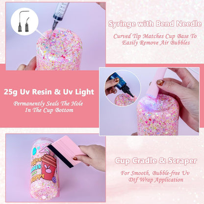 6 Pack 20 Oz Acrylic Snow Globe Tumbler Supplies Starter Kit, Double Wall Plastic Pre-Drilled Snowglobe Tumbler Cup Tool Set, Including Squeeze Bottle Cup Cradle and Scraper Etc.