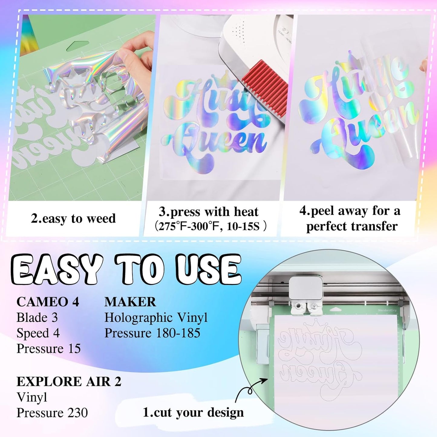 Metallic Holographic Heat Transfer Vinyl - 7 Sheets 12"X12" Iron on Vinyl for T-Shirts, Clothes, Bags, Pillows and More, Compatible with Most Cutter Machines