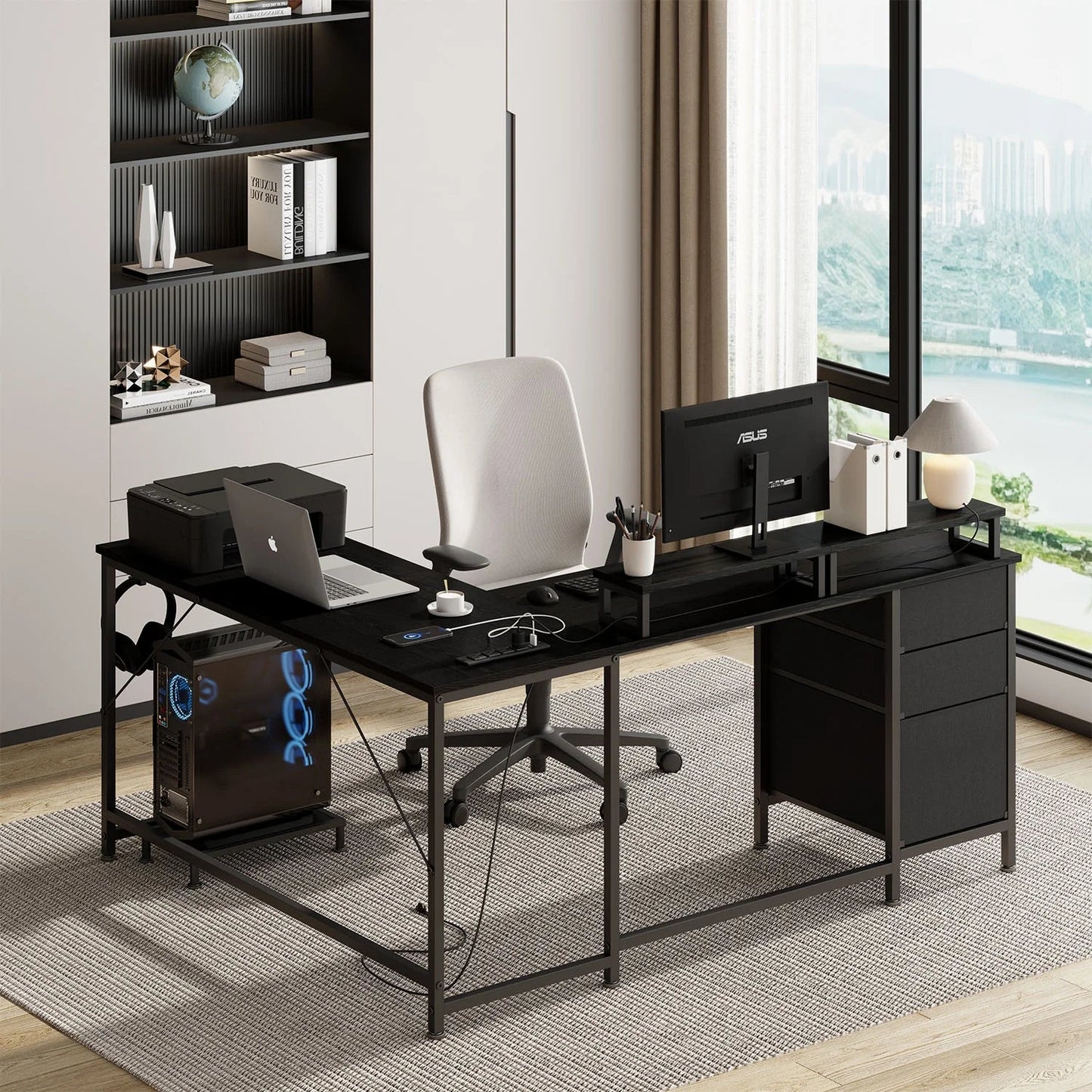 L Shaped Computer Desk, Reversible Gaming Desk with Drawers, Corner Desk with Storage Shelves & Monitor Stand, Home Office Desk Workstation, Black