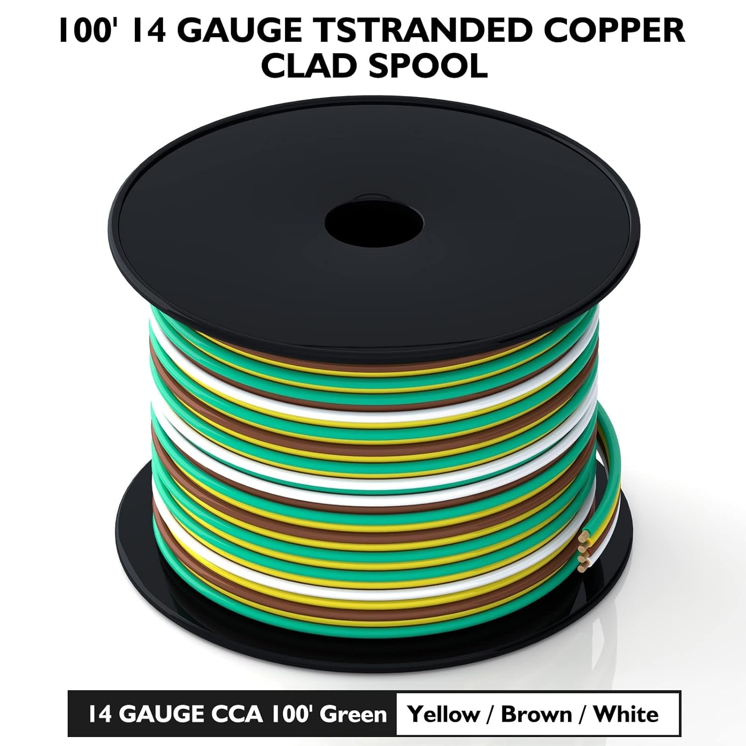 100Foot Bonded 4-Way Trailer RV Camper Towing Boat Wiring Harness Wire Spool, Primary 4-Wire 14 Gauge CCA Trailer RV Wire, Ideal for All Basic Wiring Needs(Green, Yellow, Brown, White)