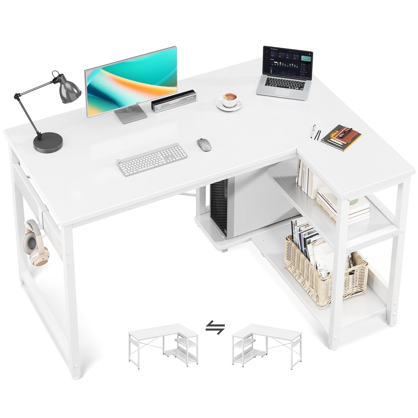 40 Inch L Shaped Computer Desk with 3 Storage Shelves, Small Reversible Corner Desk for Small Space with Hock, Home Office L-Shaped Desk, White
