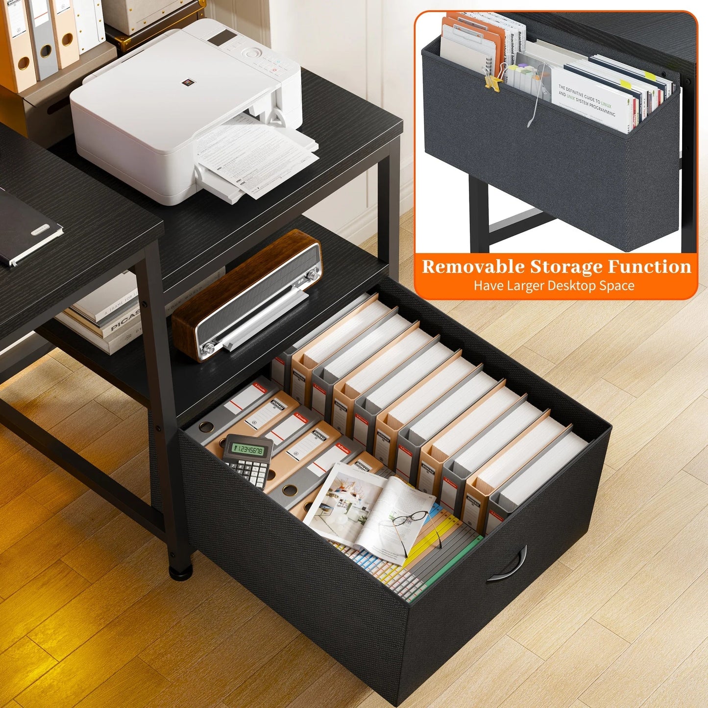 56.5" Computer Desk with Monitor Stand, Office Desk with Fabric File Cabinet, Gaming Computer Desk for Home Office Bedroom, Black