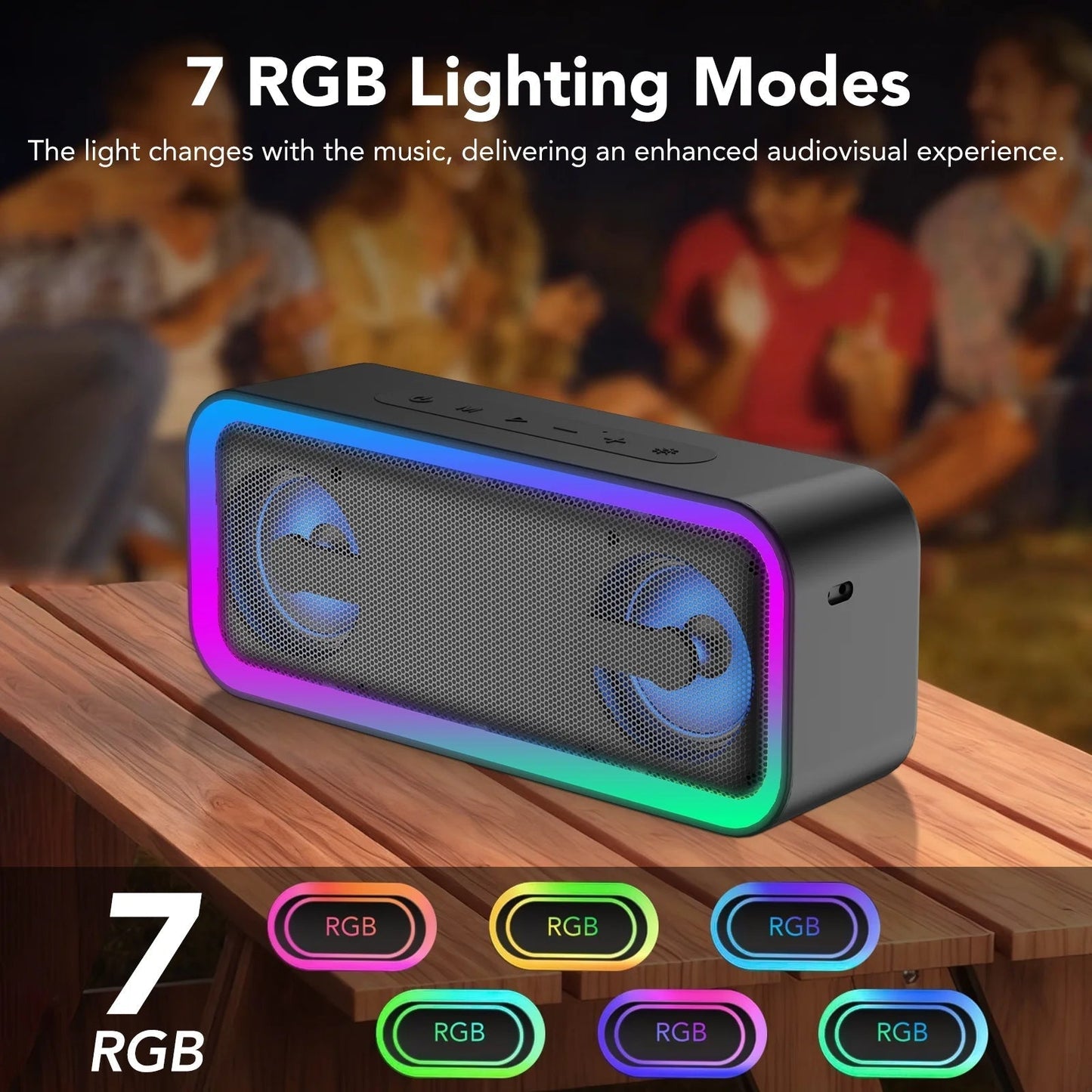 Portable Bluetooth Speaker IP7 Waterproof, 40W Loud Sound Wireless Ultra Bluetooth Speaker, 30H Playtime, Deep Bass, Colorful LED Lights, BT5.4, Suitable for Home/Party/Outdoor/Beach/Gift Black