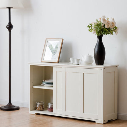 Kitchen Storage Cabinet Sideboard Buffet Cupboard Wood Sliding Door Pantry Cream White