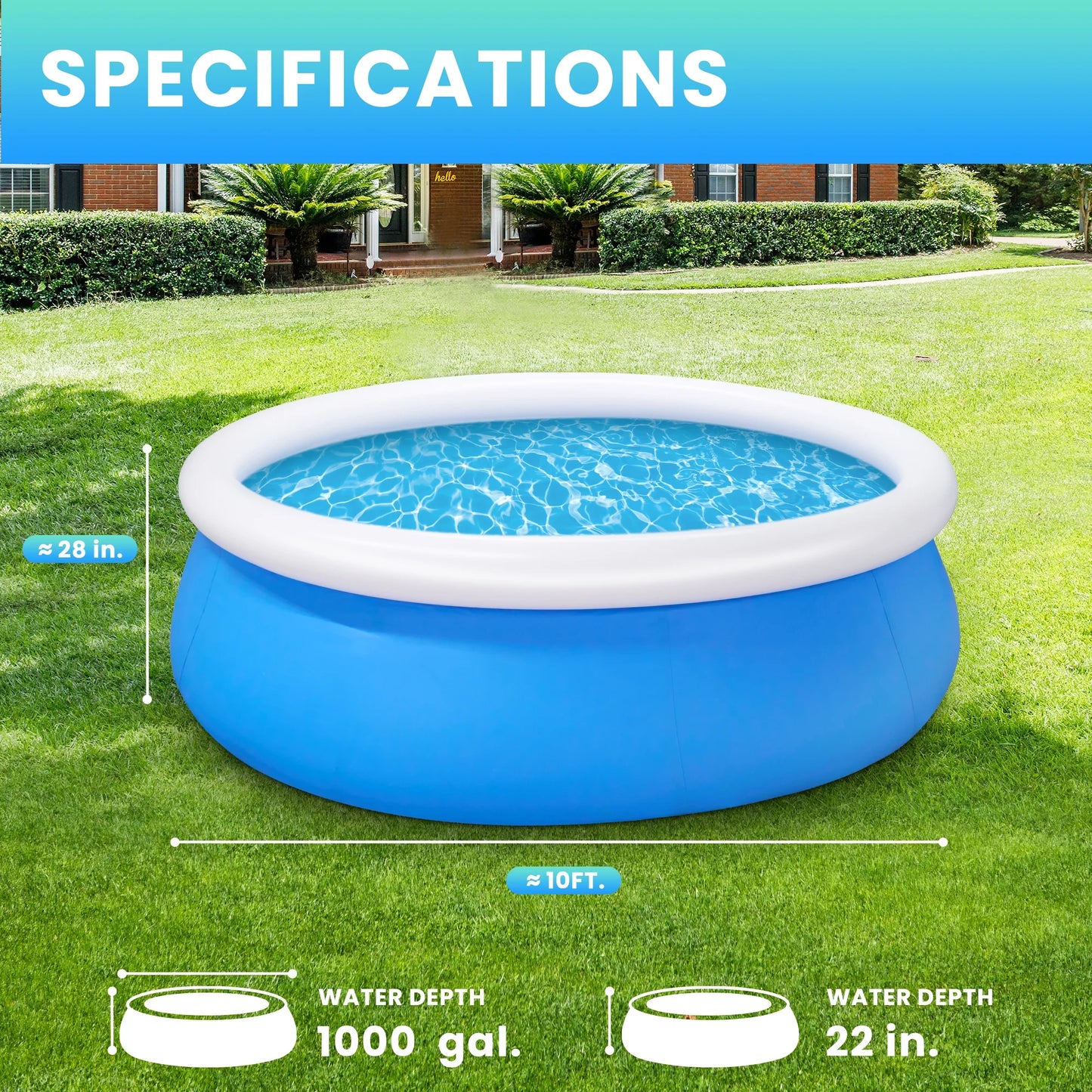 10Ft X 28In Inflatable Swimming Pool above Ground Family Pool for Kids & Adults Puncture-Resistant PVC, Quick Setup (Includes 2 Repair Patches)