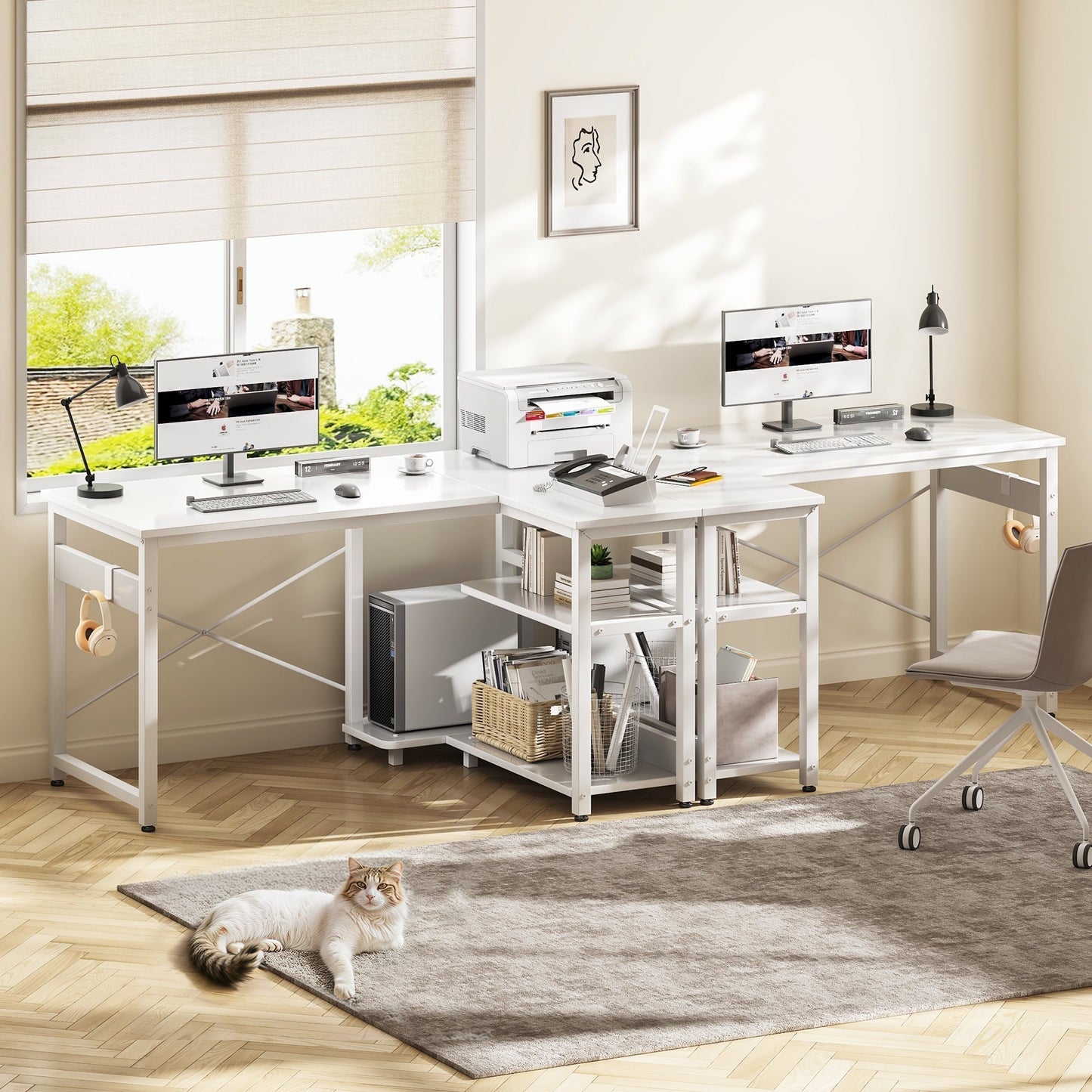 40 Inch L Shaped Computer Desk with 3 Storage Shelves, Small Reversible Corner Desk for Small Space with Hock, Home Office L-Shaped Desk, White