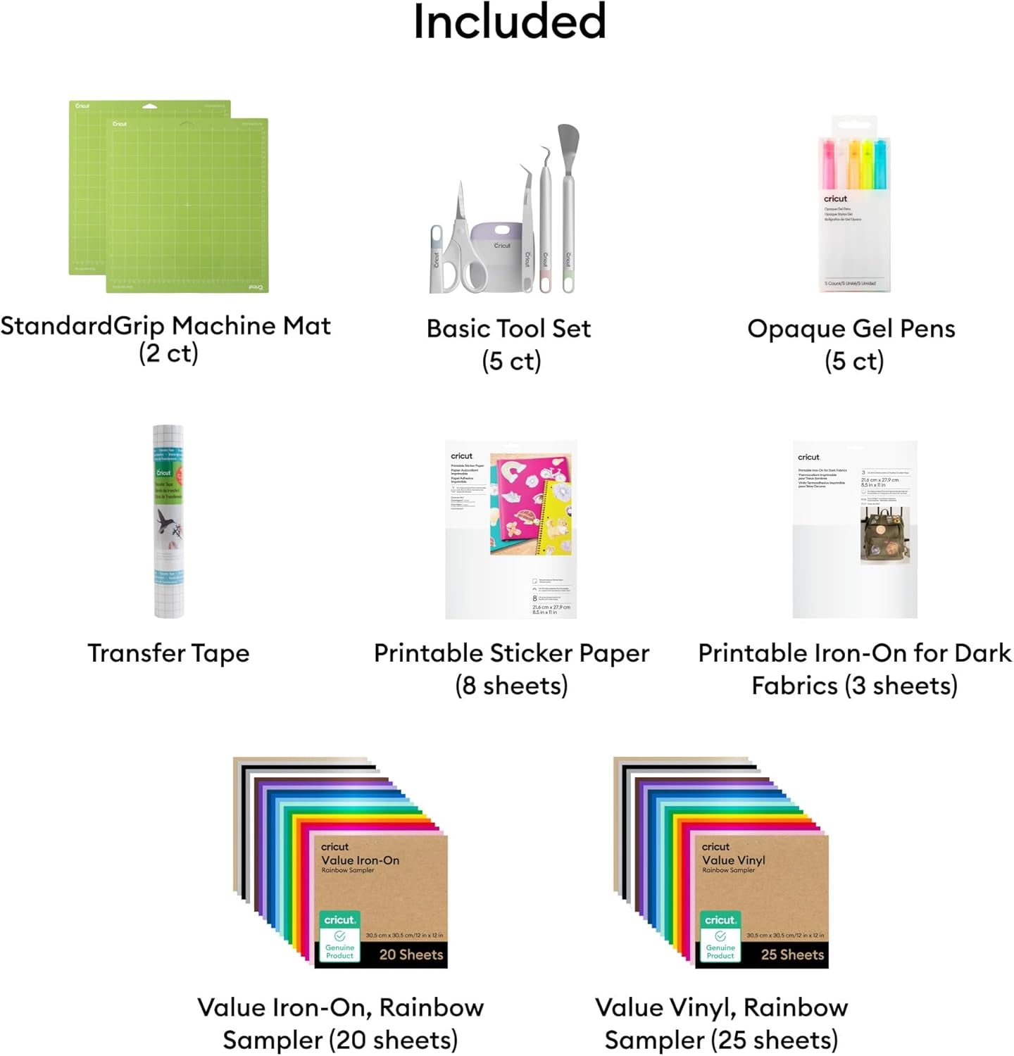 Cricut® All-In-One Materials & Accessories Bundle - Includes Vinyl, Iron-On HTV, Sticker Paper, Printable HTV, Tools, Mats, Pens, & More