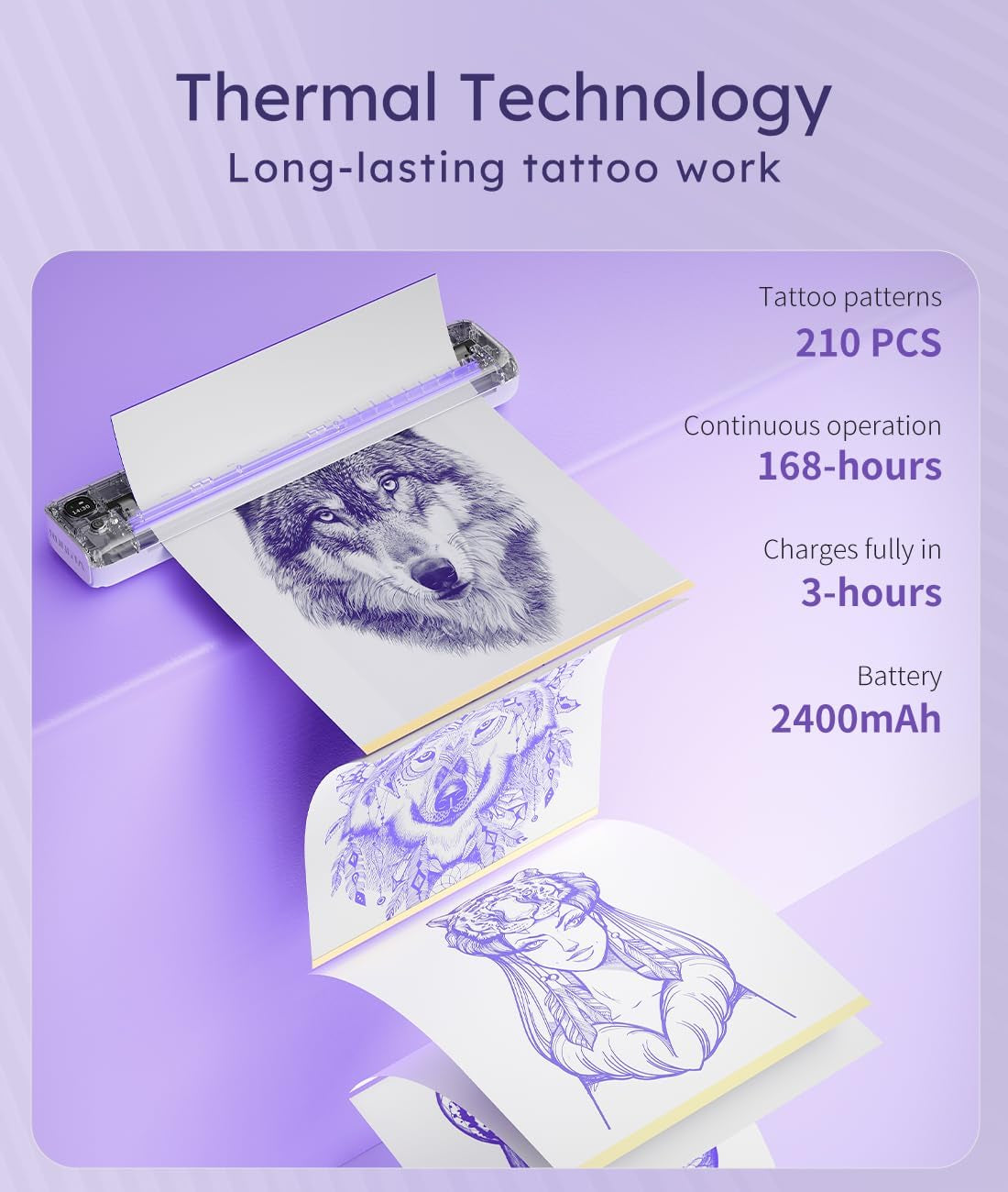 Rongta Tattoo Stencil Printer, F81S Wireless Thermal Tattoo Machine with 5Pcs Transfer Paper, Compatible with Phone/Tablet/Pc/Laptop, Bluetooth Tattoo Printer for Tattoo Artist & Beginner, Purple