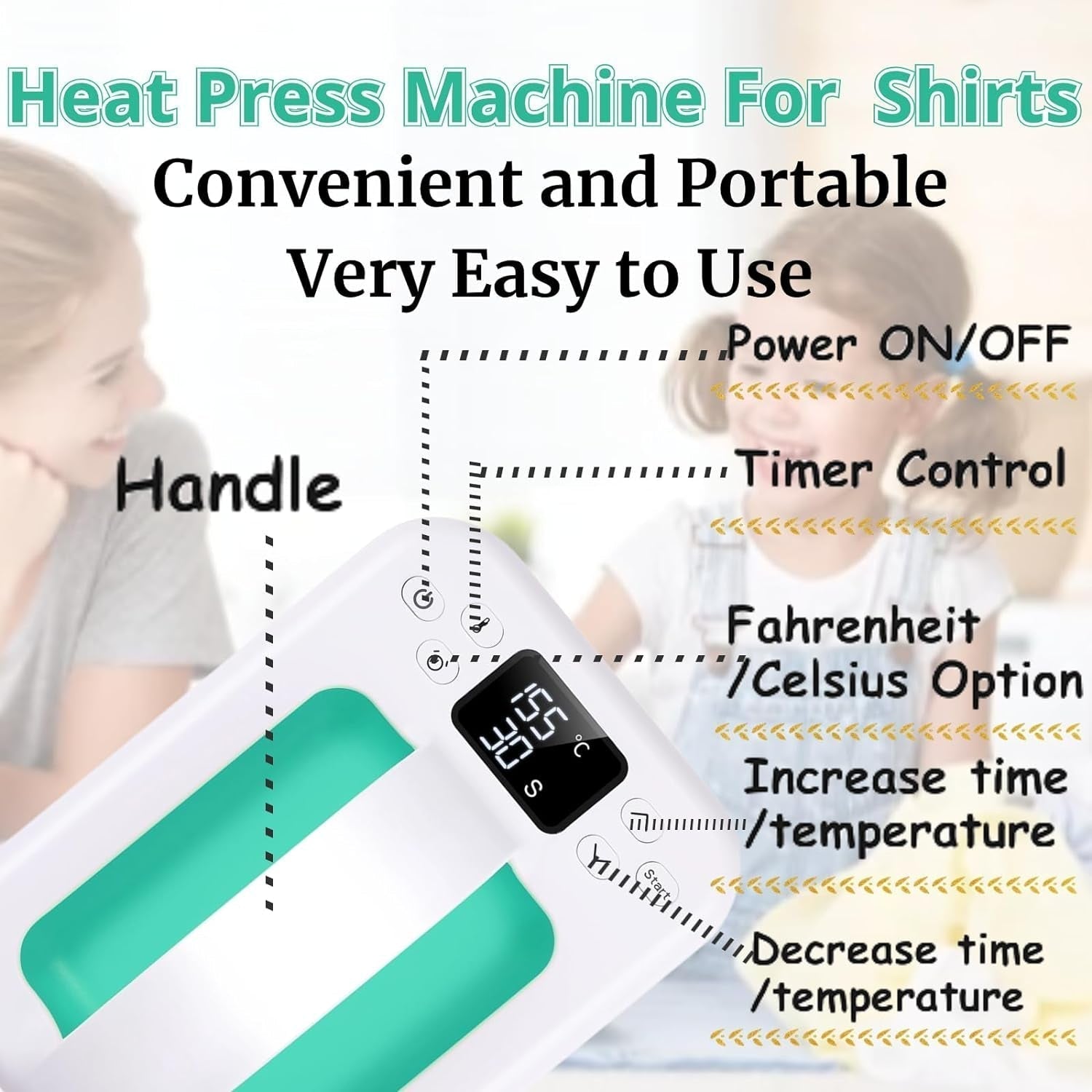 Heat Press Machine for T Shirts, 7" × 5" Portable Mini Heat Press Fast Even Heat, Easy Press T Shirt Printer Machine with Insulated Base,For Sublimation, Htv, Heat Transfer Projects(Green)