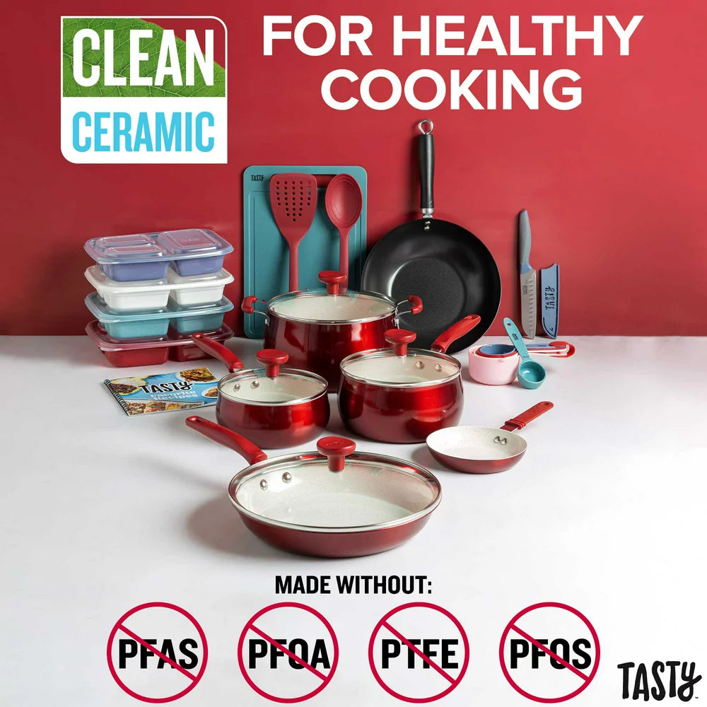 Clean Ceramic 24 Piece Non-Stick Aluminum Cookware Set, Red