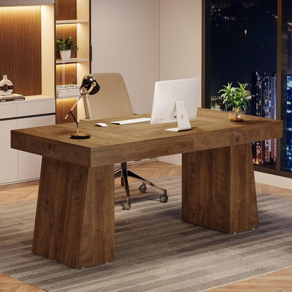 55 Inches Executive Desk, Mid-Century Modern Home Office Desk with Double Trapezoid Base