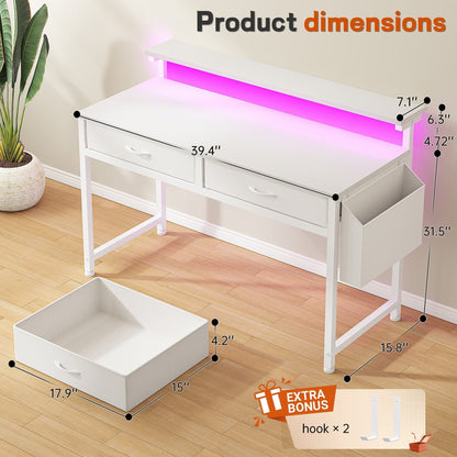 Computer Desk with LED Lights, 2 Fabric Drawers & Side Pocket, Small Desk with Monitor Stand for Home Office, Gaming, Small Spaces, White