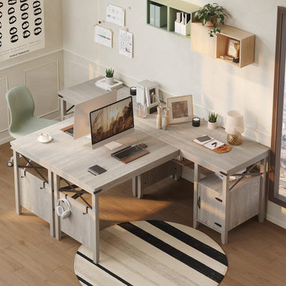 Farmhouse Desk 60" L-Shaped Computer Desk with Cabinet for Home Office , Wash White