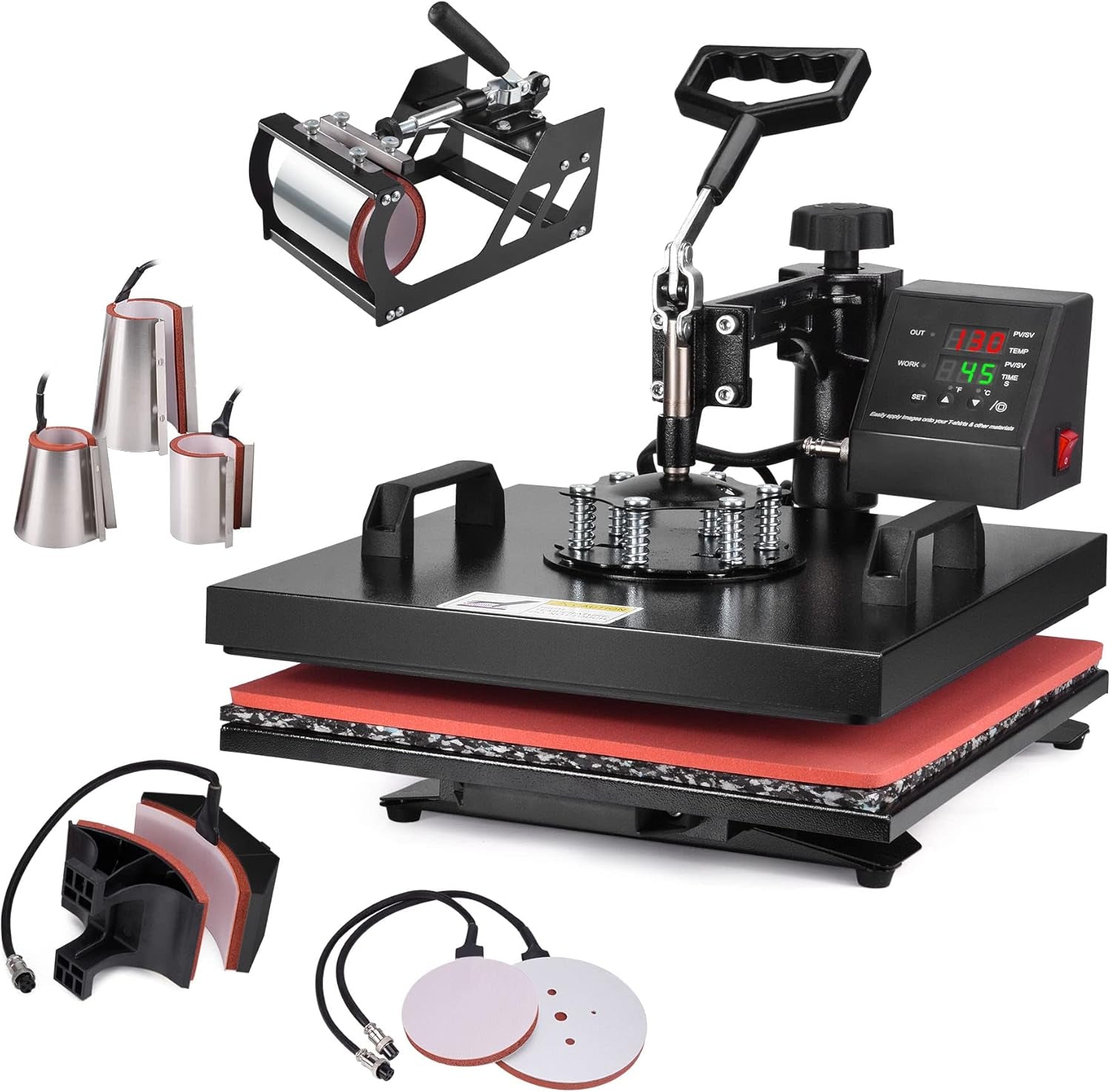 Slendor 8 in 1 Heat Press Machine 15X15 Inch 360-Degree Swing Away Digital T Shirt Pressing Machine Multifunction Heat Transfer Sublimation Combo for T Shirts Mugs Hat Plate Cap