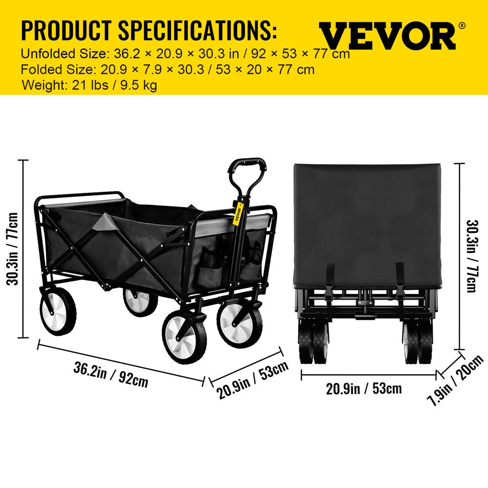 brand Collapsible Wagon Cart ,Folding Wagon Cart , 176 Lbs Load Beach Wagon Oversized Wheels, Portable Folding Wagon Adjustable Handles for Beach, Garden, Sports, Camping, Black & Gray